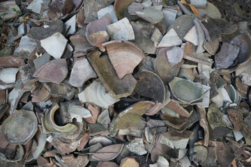 Heap of broken bowl pieces. Archaeology of ancient kiln sites in Lanna region, Ja-Manas kiln. Northern Thailand.