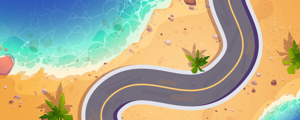Top view of sea isthmus with winding road. Vector cartoon illustration of summer tropical landscape of land bridge with sand beach, palm trees and empty asphalt highway