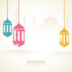 Fototapeta premium Colorful lanterns hanging on mosque silhouetted background for Muslim Community Festival, Ramadan Kareem celebration.