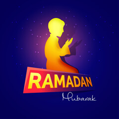 Ramadan Mubarak Concept With Glowing Muslim Boy Offering Namaz (Prayer) On Blue Light Effect Background.