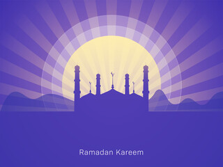 Beautiful Sunset Or Sunrise Background With Silhouette Mosque For Ramadan Kareem Celebration.