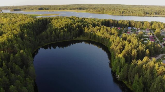 Aerial view of landscape with forest and lake in Karelia