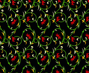 Seamless colorful floral pattern on black background