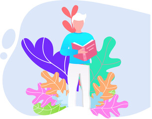 Man reading book, studying at home. Guy student is resting with book, male character is fond of literature, enjoys reading, gets education. Character is reading and resting after work, bibliophile