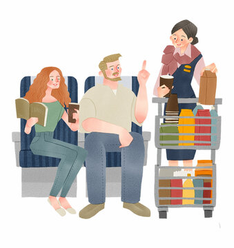 新幹線や電車に乗って旅行をする外国人と車内販売をする女性　手描きイラスト