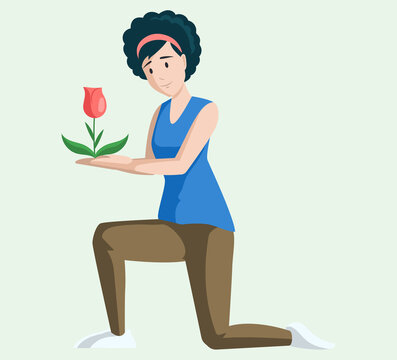 Woman holding lonely flower and inhale its aroma. Vector gardener with red tulip in cartoon style. Cute girl bent down to pick flower. Florist collects bouquet of beautiful spring flowering plants