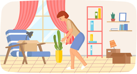 Woman moving to new house, carrying things to apartment, changing place of residence, relocation. Person unpacking things after shipping, decorating new home. Rental of premises, moving concept