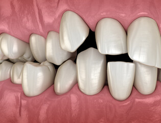 Overcrowded teeth, abnormal dental occlusion. Medically accurate tooth 3D illustration - 487012678