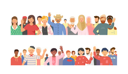 Multiethnic group of people standing together community and togetherness concept, diversity portrait. Characters men and women isolated on white. Crowd community. Social diversity friends or relatives