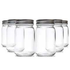 Glass mason jars on white background