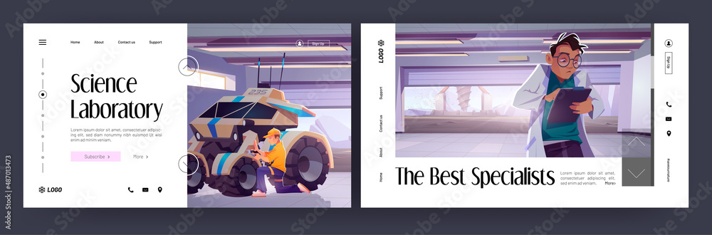 Poster landing pages with engineer fixing rover and scientist writing in clipboard inside of hangar on alie