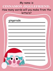 Funny anagram game with winter elf girl in English vector illustration. Educational word game colorful vertical printable worksheet. Create and write as many words as you can from given white letters