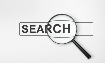 Magnifying glass with search bar on white background. Magnifier glass with search bar icon for SEO or Search Engine Optimisation wording concept.