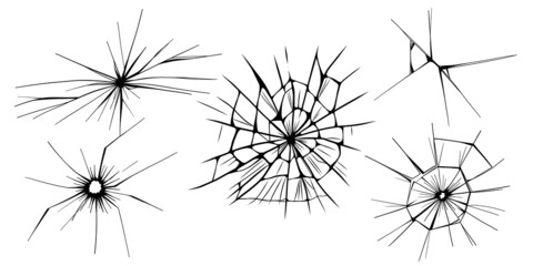 Glass cracks. Broken ice. Bullet marks on transparent surface, electronic display, window. Vector sketch illustration.