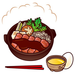 すき焼きのイラスト(料理、日本食、牛鍋、卵、椎茸、豆腐) Sukiyaki illustration.Food, Japanese food, beef pot, eggs, shiitake mushrooms, tofu.