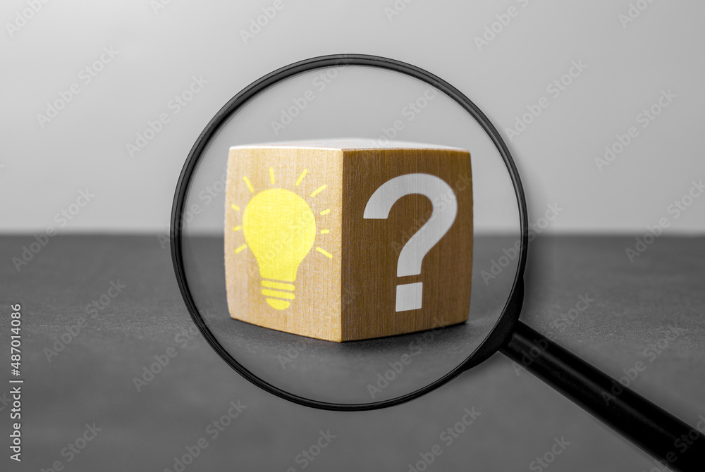 Poster magnifying glass with light bulb icon and question mark symbol. concept creative idea and innovation
