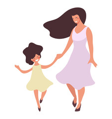Young beautiful mother walks with her little daughter. A woman and a girl in dresses smile and dance. Flat cartoon vector characters isolated on white background.