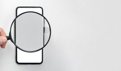 Mockup cellphone with magnifying glass. Magnifying glass search app network, smartphone blank...