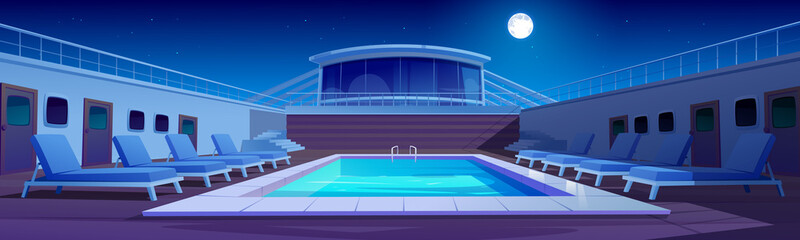 Fototapeta premium Swimming pool on cruise liner at night, ship deck with sun loungers, wooden floor and door portholes under starry sky with full moon glow, luxury sailboat in sea or ocean, Cartoon vector illustration