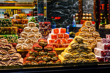 Turkish delight and different sweets for sale at the bazaar in Turkey