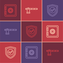 Set line Safe, Shield with check mark and Parking car barrier icon. Vector