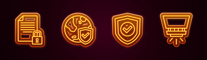 Set line Document and lock, Shield with world globe, check mark and Fire sprinkler system. Glowing neon icon. Vector