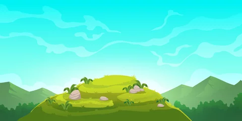 Poster Im Rahmen Cartoon nature landscape green hill and rocks under blue sky with clouds. Picturesque scenery background, natural tranquil summer scene green hillock with stones and grass, Vector illustration © klyaksun