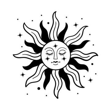 Vintage line drawing, sun with face and closed eyes, hand drawing for magical design. Mystical tattoo, mystical symbol. Linear vector drawing isolated on white background.