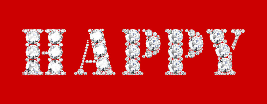 Happy word made of diamonds letters with on red background.3d rendering