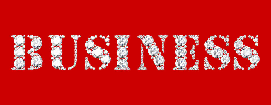 Business word made of diamonds letters with on red background.3d rendering