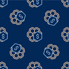 Line Sale of honeycomb icon isolated seamless pattern on blue background. Honey cells symbol. Sweet natural food. Vector