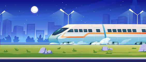 Modern train on night cityscape background, suburban electric railroad transport, contemporary high speed locomotive, city railway commuter transportation vehicle side view Cartoon vector illustration