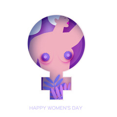 Female silhouette with flowers. Naked dancing woman. Happy Women's day. Happy Mother's Day. Venera, Venus female concept paper cut style. Health care. Body positive. Violet, Purple,Pink.