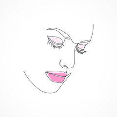Continuous hot woman face line art with flower.