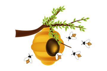Flight of the honey bee. Wild beehive on a tree branch. Bee swarm, honey collection, apiary. The life of insects and the surrounding nature. Wasps  near the hive. Vector illustration