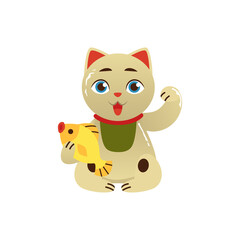 Maneki neko cat holds golden fish as symbol of prosperity, flat vector illustration isolated on white background.