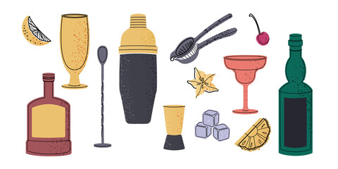 Vector bartender equipment set. Vector line art illustration