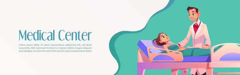 Medical center cartoon banner, doctor stand at patient bed at hospital chamber. Woman applying treatment in modern clinic with professional personnel and equipment, health care service Vector concept