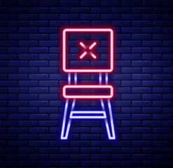 Glowing neon line Chair icon isolated on brick wall background. Colorful outline concept. Vector