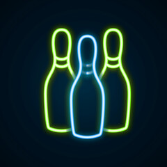 Glowing neon line Bowling pin icon isolated on black background. Juggling clubs, circus skittles. Colorful outline concept. Vector