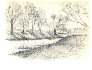 graphic pencil drawing landscape river and trees