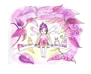 watercolor illustration of a fairy girl with animals