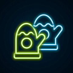 Glowing neon line Pair of knitted christmas mittens icon isolated on black background. Mitten icon. Merry Christmas and Happy New Year. Colorful outline concept. Vector
