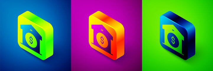 Isometric Warehouse price icon isolated on blue, purple and green background. Square button. Vector