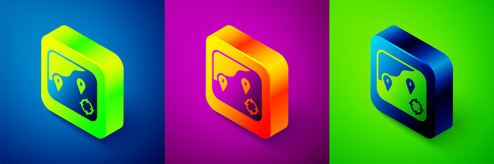 Isometric Location fishing icon isolated on blue, purple and green background. Fishing place. Square button. Vector