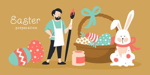 Preparation for the Easter holiday. A man with a brush paints Easter eggs. Vector image. 
