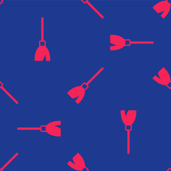 Red Handle broom icon isolated seamless pattern on blue background. Cleaning service concept. Vector