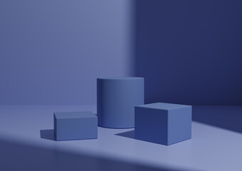Naklejka premium Simple Minimal Dark, Pastel Blue Three Podium or Stand Composition for Product Display. Geometric form 3D Rendering Background with Window Light From Right Side.