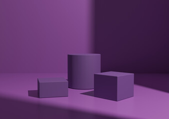 Simple Minimal Purple Three Podium or Stand Composition for Product Display. Geometric form 3D Rendering Background with Window Light From Right Side.