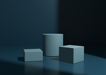 Simple Minimal Dark Blue Three Podium or Stand Composition for Product Display. Geometric form 3D Rendering Background with Window Light From Right Side.